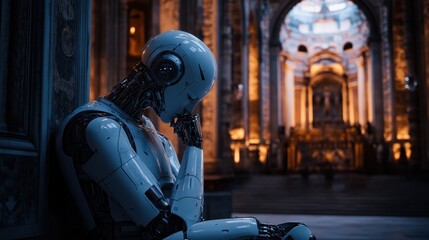 Robot sits contemplatively in serene garden with ancient architecture during a tranquil afternoon in a futuristic setting