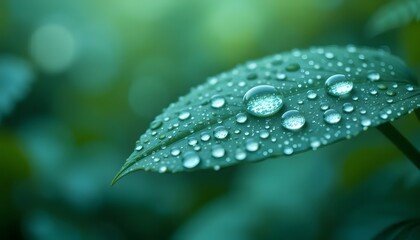 A serene green leaf glistening with morning dew, reflecting nature's gentle beauty in soft, teal tones.