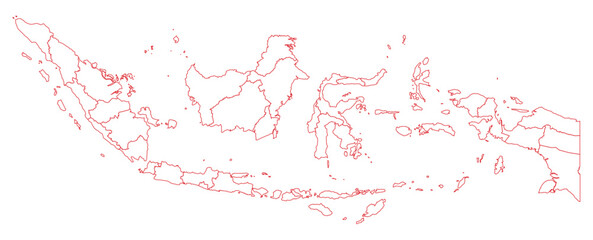 Red Outline Indonesia Map with District Borders Asian Country
