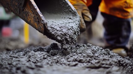 Concrete worker pouring cement into a mold for foundation work. Featuring strength and coordination