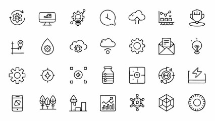 High quality optimization icon pack in outline format designed for SEO analytics and digital marketing projects in a clean and minimal linear style