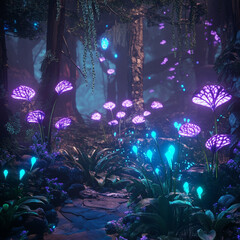 A forest with glowing bioluminescent plants and futuristic wildlife