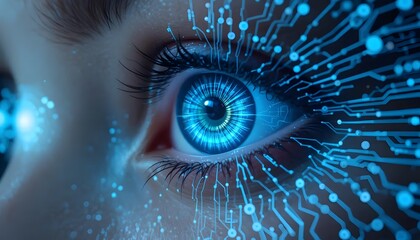 A mesmerizing blue eye, radiating digital energy, symbolizing technological advancement and human connection, in vibrant, glowing hues.