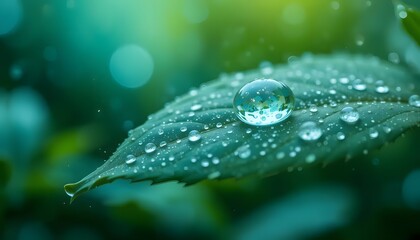 A glistening dewdrop cradled by a vibrant emerald leaf, reflecting nature's serenity in soft, diffused light.