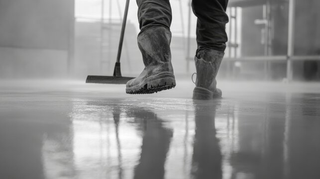 Concrete worker smoothing and leveling a freshly poured floor. Featuring precision and attention to detail