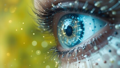 A mesmerizing digital eye, vibrant and full of life, mirroring a technological future with glowing, intricate details against a soft yellow-green bokeh background.