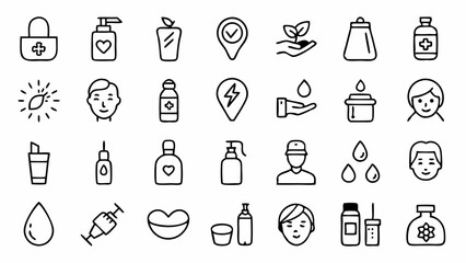 Outline icons representing skincare and beauty essentials including lotion cream spa treatments facial routines and wellness tools in clean minimal design