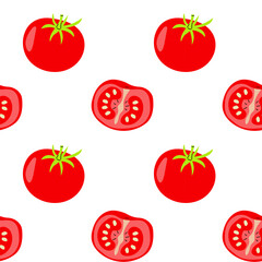 Pattern of ripe red tomatoes showcasing whole and sliced varieties against a white background