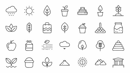 Agriculture and soil related outline icons designed for eco apps, environmental science projects, and nature-themed user interfaces