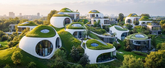 Eco-friendly, biomorphic housing community nestled on a hillside