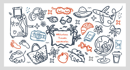 Whimsical Travel Collection hand drawn vector set line art chalk and charcoal with cute travel elements, summer vacation doodles and holiday items. Perfect for stickers, maps, planning, prints