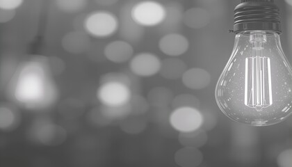 A single incandescent bulb glows brightly, illuminating the unseen potential within a softly blurred, bokeh-filled background.