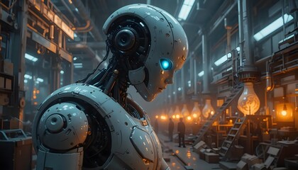 A pensive android stands amidst a bustling, dimly lit factory, its glowing blue eyes reflecting the industry's warm, metallic glow.