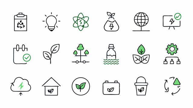 A thoughtfully designed collection of sustainability-focused thin line icons ideal for environmental blogs educational content green energy platforms or conscious branding