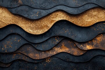 Abstract layered textured design with wavy lines in dark and gold colors