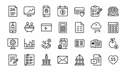 Modern collection of outline icons focusing on essential aspects of bookkeeping perfect for accounting software presentations and financial documentation