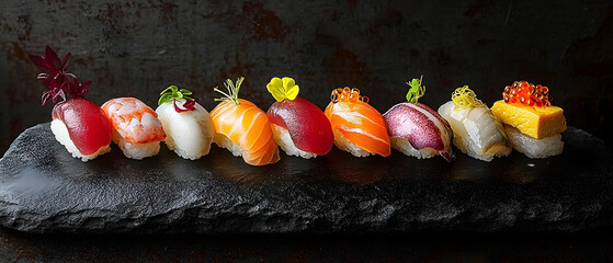 Assorted sushi nigiri on slate platter, dark textured surface, fresh garnishes, soft natural side lighting