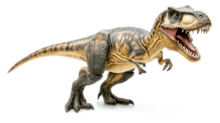 Obraz premium T-Rex figurine close-up with sharp teeth, dramatic side lighting, white backdrop. Prehistoric power and texture in striking detail. 