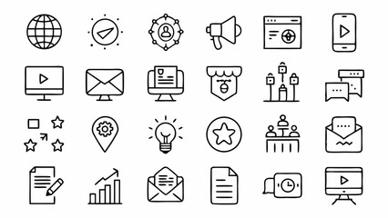 Modern marketing icons in outline style illustrating ad campaigns email marketing branding and social media strategies for web UI design and business use