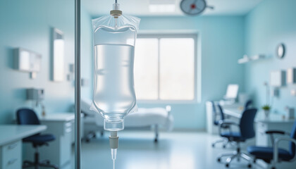 Translucent IV bag suspended in a sterile medical facility, healing process