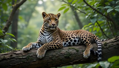 Majestic leopard gracefully resting on a moss-covered branch, surveying its lush green jungle kingdom with calm regalness in soft dappled sunlight.