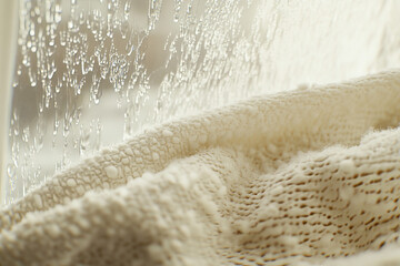 Close up of water droplets on glass with a white cloth wiping the surface