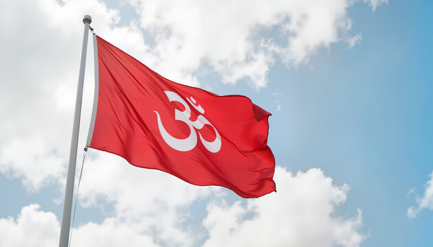 Om symbol flag fluttering against bright cloudy sky, spiritual symbolism