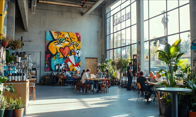 Obraz premium A photo of the interior of an industrial building with large windows adorned in colorful murals and graffiti art The walls are painted gray creating contrast a