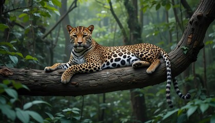 Majestic leopard rests on a jungle branch, a regal guardian of the emerald forest with lush greenery and dappled sunlight.