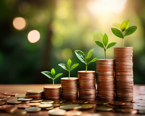 Coin stacks featuring green plants stand for investment and financial expansion.