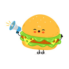 A cute cartoon Burger character happily shouts through a megaphone, announcing deliciousness to all.