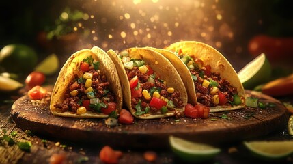 Tacos with meat and vegetables on a wooden table.