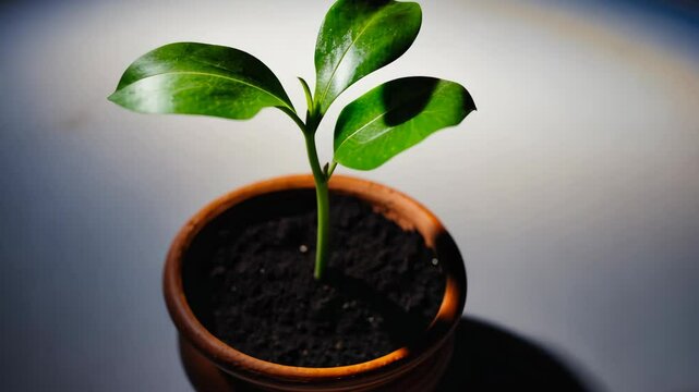 Small green sprout in a terracotta pot, representing growth and new beginnings, symbolizing nature, sustainability, and the environment