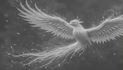 A majestic white phoenix in graceful flight, its ethereal wings and flowing tail leaving a trail of shimmering light against a dark, moody sky.