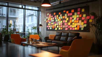 Una sessione di brainstorming creativa in uno spazio ufficio moderno con note adesive colorate e schizzi illuminata da una luce ambientale soffusa