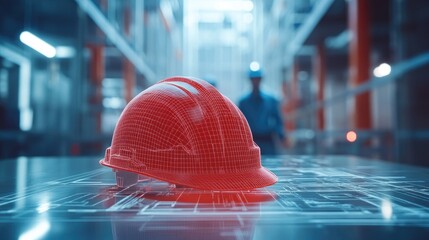 Red safety helmet rests on a digital workplace interface.