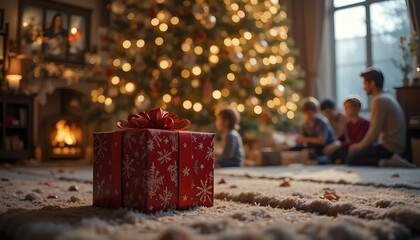 A lovingly wrapped Christmas gift awaits, nestled by a warm fireplace and twinkling tree, a family's joyful anticipation palpable in the soft, glowing light.