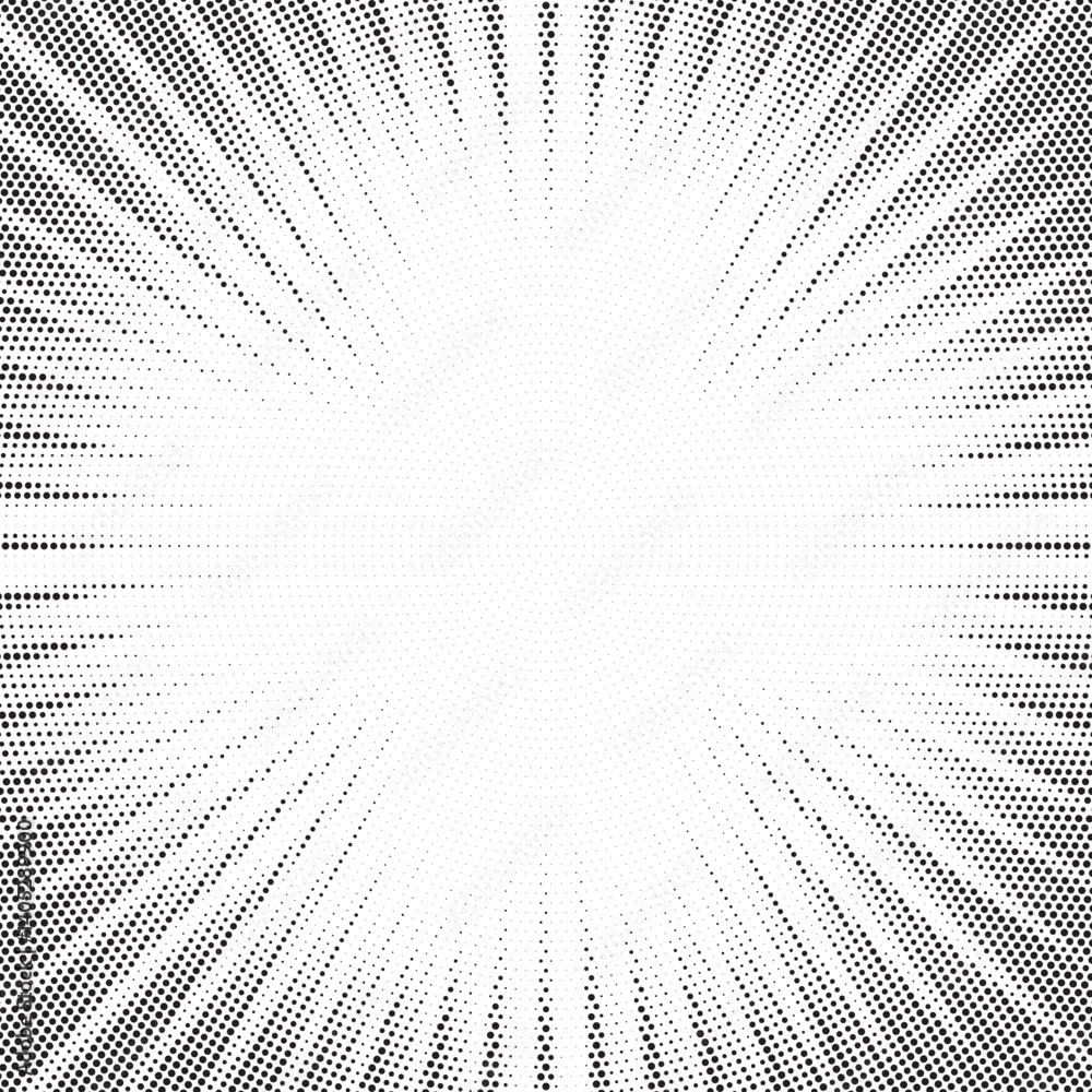 Leinwandbilder Halftone gradient sun rays pattern. Abstract halftone vector dots background. monochrome dots pattern. Vector background in comic book style with sunburst rays and halftone. Retro pop art design.