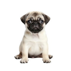 Obraz premium Adorable pug puppy with big expressive eyes sitting and looking curiously at the camera on a white background