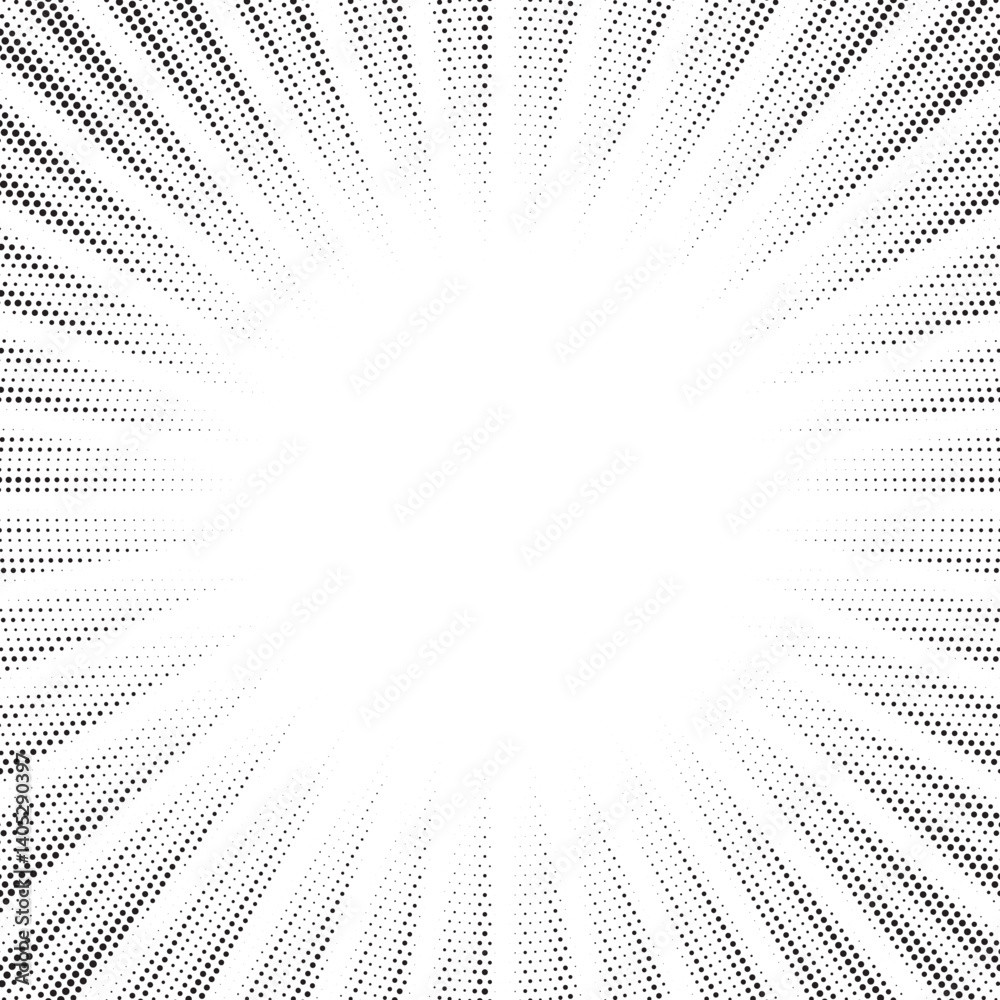 Poster Halftone gradient sun rays pattern. abstract halftone vector dots background. monochrome dots pattern. pop art, comic small dots. star rays halftone poster. shine, explosion. sunrise rays background.