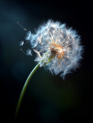 Fototapeta premium Delicate dandelion puff with seeds drifting away