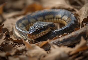 Fototapeta premium Coiled Black Snake in Autumn Leaves: A Serene Wildlife Close-Up