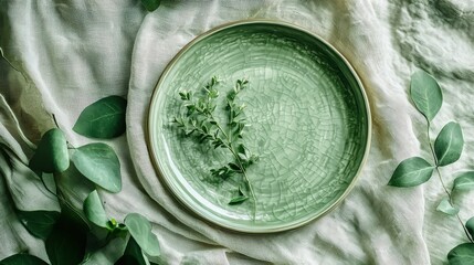 A green plate with a plant on it sits on a white cloth.