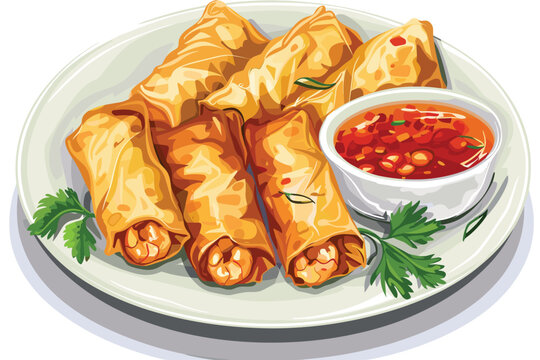 golden spring rolls with dipping sauce clip art preview