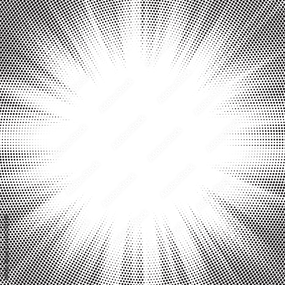 Poster Halftone gradient sun rays pattern. abstract halftone vector dots background. monochrome dots pattern. pop art, comic small dots. star rays halftone poster. shine, explosion. sunrise rays background. 