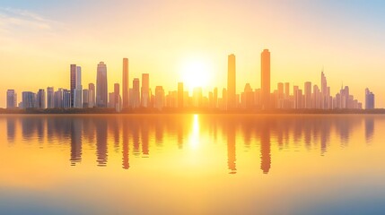 Fototapeta premium Golden sunrise over a modern city skyline reflected in calm water.