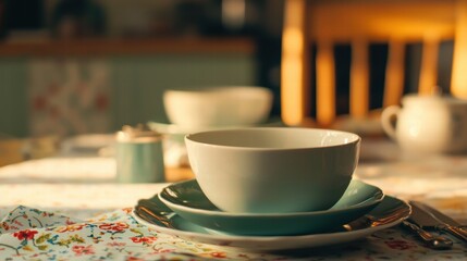 Fototapeta premium A table setting with a teal bowl, green saucer, and white plate.