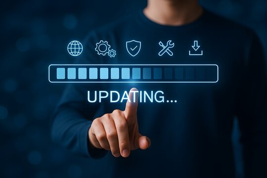 Update software application upgrade technology concept. Program or framework upgrading technology, patch upgrade, progress bar update, install software, version, improved security, downloading.