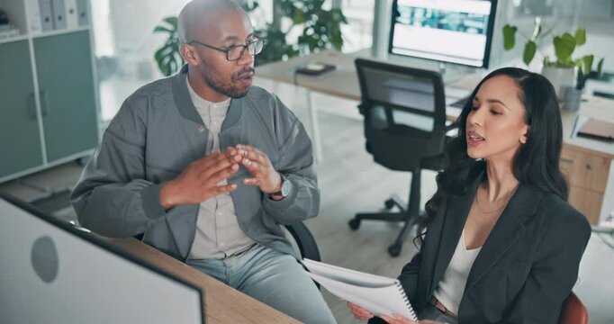 Teamwork, colleagues and people with documents, computer or online for ad campaign in business. Talking, planning and media coordinator with tech for target audience, web or meeting for collaboration