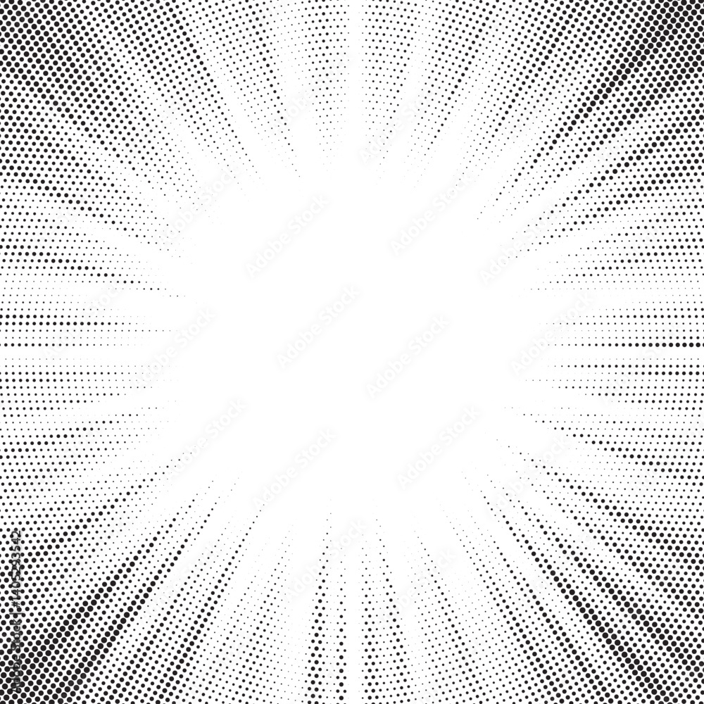 Aufkleber Halftone gradient sun rays pattern. Abstract halftone vector dots background. monochrome dots pattern. Vector background in comic book style with sunburst rays and halftone. Retro pop art design.